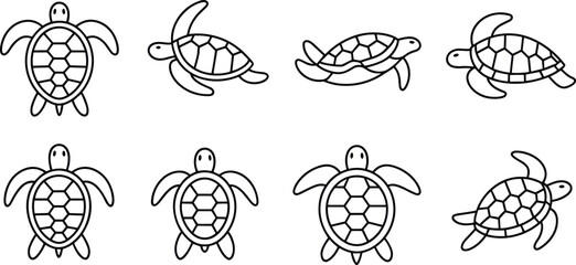 Sea turtle outline icon collection with top view and swimming marine reptile line art vector set © MSTAYESHASIDDIKA