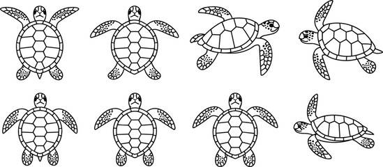 Sea turtle outline icon set with swimming marine reptile line art vector illustration collection © MSTAYESHASIDDIKA