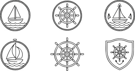 Set of nautical logos or signs featuring ship wheels, sailing boats, and compass roses, line art design. © Mst Fateha Begum