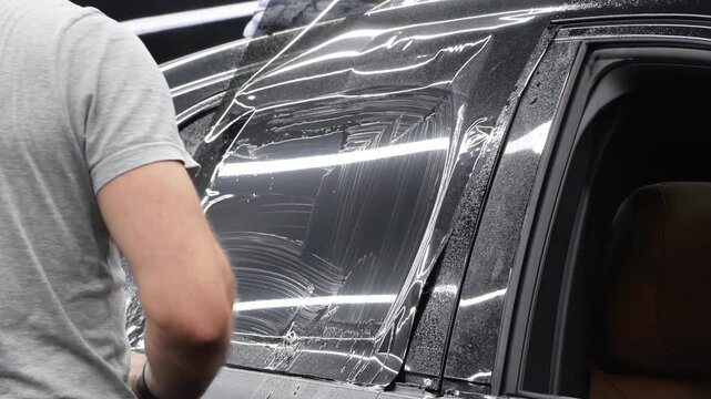 Applying tinting foil on a car window in the tuning studio. Male car service worker glue window tinting in luxury car detailing car repair the concept of love for cars and protection. Wrapping auto.