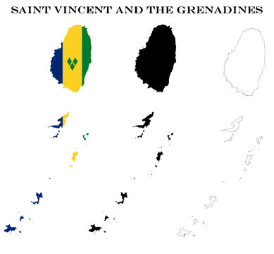 Saint Vincent and the Grenadines Country Maps Bundle with National Flag, Black Silhouette and Detailed Outline Contours