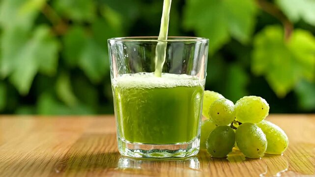 Fresh green grape juice being poured into a clear glass