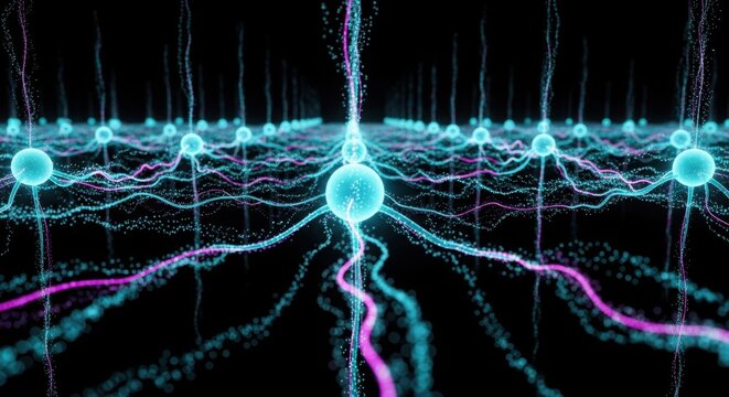 Glowing blue and pink neural network connections on black background
