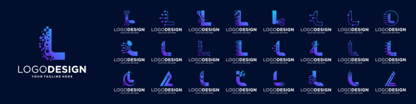 Set of letter L logo design. Symbol of  connect, tech, molecule logo template.
