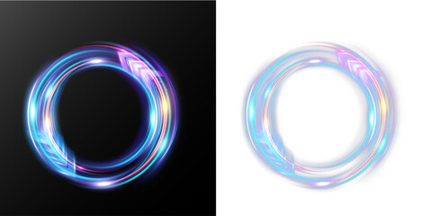 Futuristic circular speed arrow with glowing light trails forming loop, dynamic motion and progress concept isolated on dark background.  © NAUM