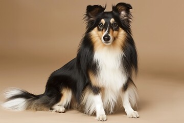 Tri-color Shetland Sheepdog studio portrait on beige background