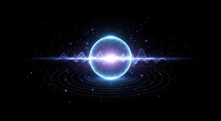 Glowing blue sphere with sound wave and spiral lines in space