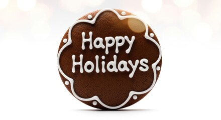 A frosted gingerbread cookie with "Happy Holidays" on it, against a blurred, light background