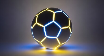 Naklejka premium A futuristic soccer ball glows with yellow and blue neon lines on a gradient background