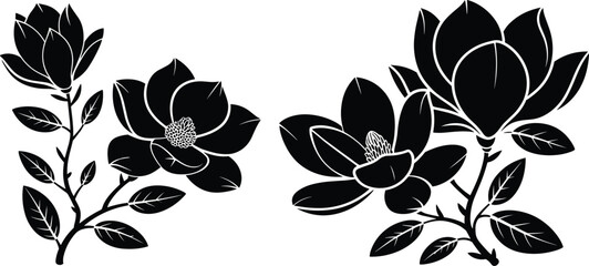 Black magnolia flower silhouettes and botanical floral branch vector set for spring nature design element decoration © Majnur