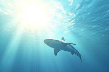 Obraz premium Tranquil ocean scene featuring a shark swimming under sunlit waters