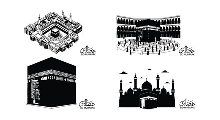 Illustrations of the kaaba and mosque al haram with eid mubarak greetings © Begum