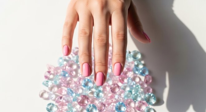 Close-up of a hand with pink nails above colorful crystals, casting a shadow