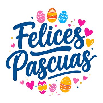 Felices Pascuas" text art with hearts & patterned Easter eggs in circular layout