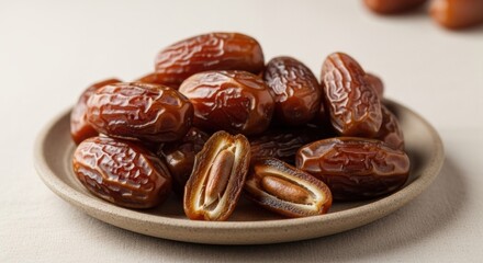 Obraz premium Close-up of sweet, dried fruits on a plate; one bisected showing its pit