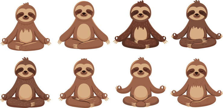 Cute Sloth Character Mascot Set Practicing Yoga and Meditation in Lotus Pose for Wellness, Mental Health, Mindfulness, and Relaxation Themed Digital Graphic Designs
