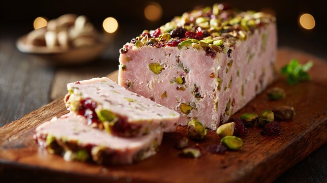 Ham and pistachio terrine, sliced clean cross-section, charcuterie board display