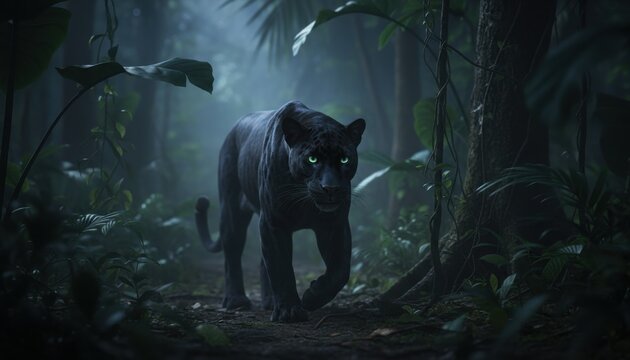 A stealthy black panther with glowing green eyes moves through a dark, lush jungle at night.