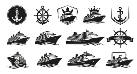 Collection of various cruise ship and nautical themed design elements in black and white. © Jaganchan