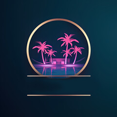 Retro 80s vintage sunset circle badge with palm tree silhouette illustration.