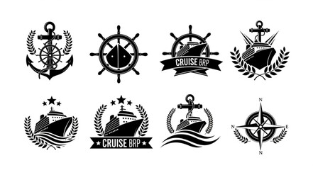 Collection of nautical themed emblems featuring anchors, ships, and steering wheels for maritime designs. © Jaganchan