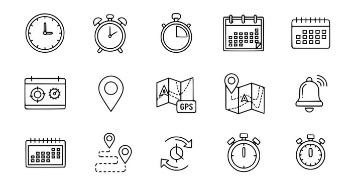 A set of minimalist line art icons representing time and navigation tools