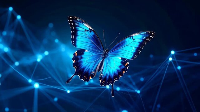 Blue butterfly flying through digital glowing network connections and abstract blue light plexus background