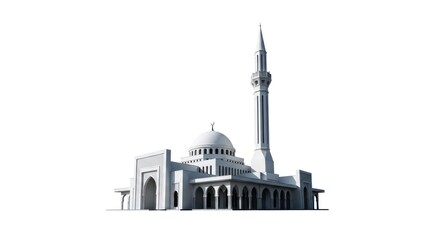Rendered white mosque with dome, minaret, archways, and detailed architecture, set against white
