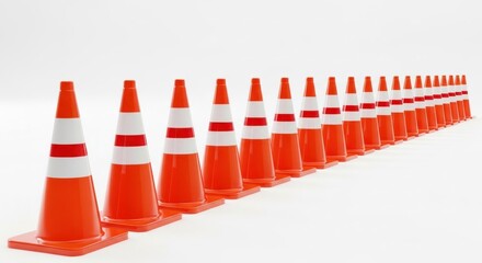 Fototapeta premium Row of bright orange and white striped safety cones, in a receding perspective, against white