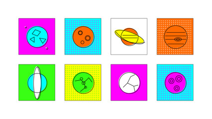 Vibrant pop art style set icon collection of planets in vector format. Retro Memphis design celestial bodies universe elements for posters and web. Colorful space galaxy stickers with dot patterns. © Imaster