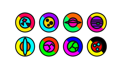 Set of vibrant pop art style icon stickers featuring cosmic planets, saturn, moon, and radiation symbols. Colorful vector badges for gaming UI, app design, and retro comic book themed projects. © Imaster