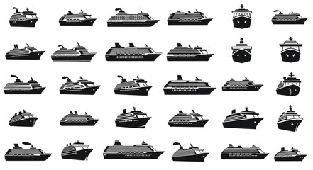 Collection of various cruise ships and vessels in silhouette style, perfect for travel and maritime themes. © Dianchan