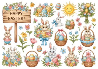 Fototapeta premium Colorful easter stickers with bunnies and eggs on white background