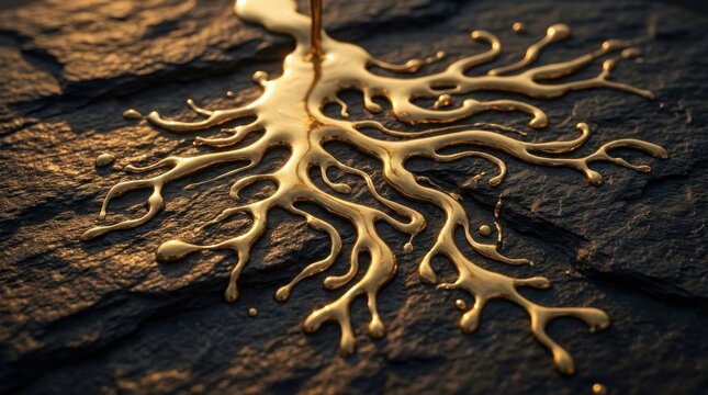 Molten Gold Liquid Flowing and Branching on a Dark Textured Surface