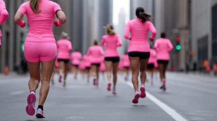 Fototapeta premium a breast cancer survivor crossing the finish line, with supporters cheering and pink confetti in the air