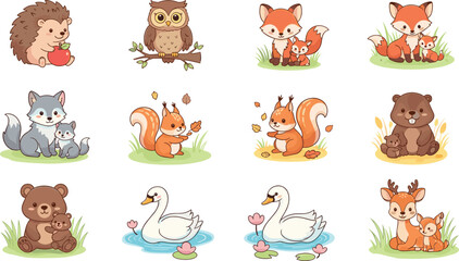 Large collection of cute cartoon forest animal families including fox, bear, deer, owl, hedgehog, squirrel, wolf, swan and beaver characters © Fozila