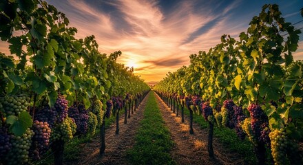 Fototapeta premium Vineyard Rows Bathed in Golden Sunset Light with Lush Grapes and Dramatic Sky