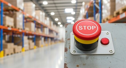 Red stop button on metal plate in industrial warehouse with shelves and boxes in background  industrial equipment