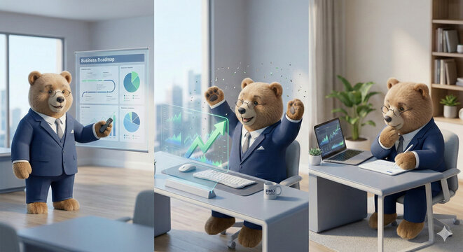 3D Isometric Cute Business Bear Collection: Set of Professional Teddy Bear Character Analyzing Stock Market, Celebrating Success, and Planning Strategy in Modern Office, High-Quality Corporate Mascot.