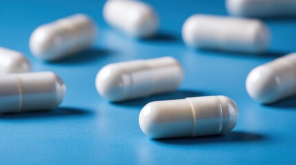 White capsules on blue surface