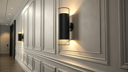 Fototapeta premium Modern Black Cylindrical Wall Sconce Illuminating Hallway with Upward Light
