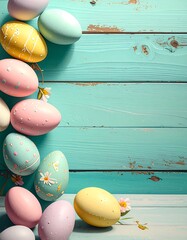 Easter eggs, painted, decorate a turquoise wood background; whimsical and springtime