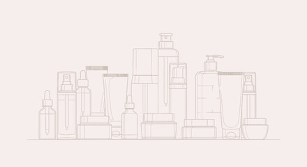 Obraz premium Collection of various cosmetic bottles and containers for skincare products displayed