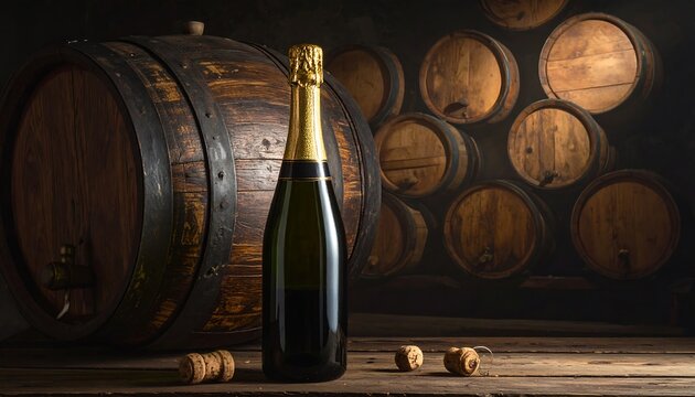 A champagne bottle stands before wine barrels, with corks on a wooden surface, suggesting an aged beverage in a cellar