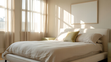 Fototapeta premium Serene bedroom with beige bed and sunny window