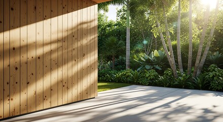 Tropical garden with wooden wall and concrete floor with lush greenery and sunlight filtering through trees