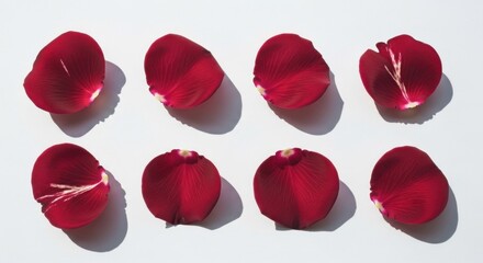 Fototapeta premium Eight vibrant red flower petals arranged on a white surface with shadows