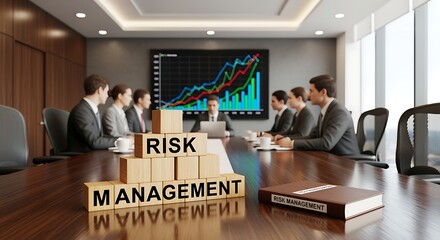 Business people sitting around meeting table with risk management blocks and book  corporate strategy and finance concept