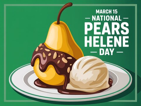 Illustration of pears helene dessert on plate with chocolate sauce and ice cream on national pears helene day