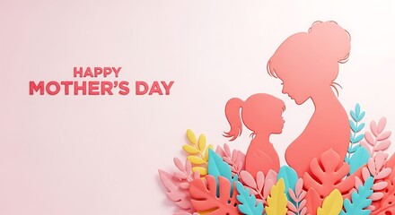 Happy mother's day greeting card with mother and child silhouette